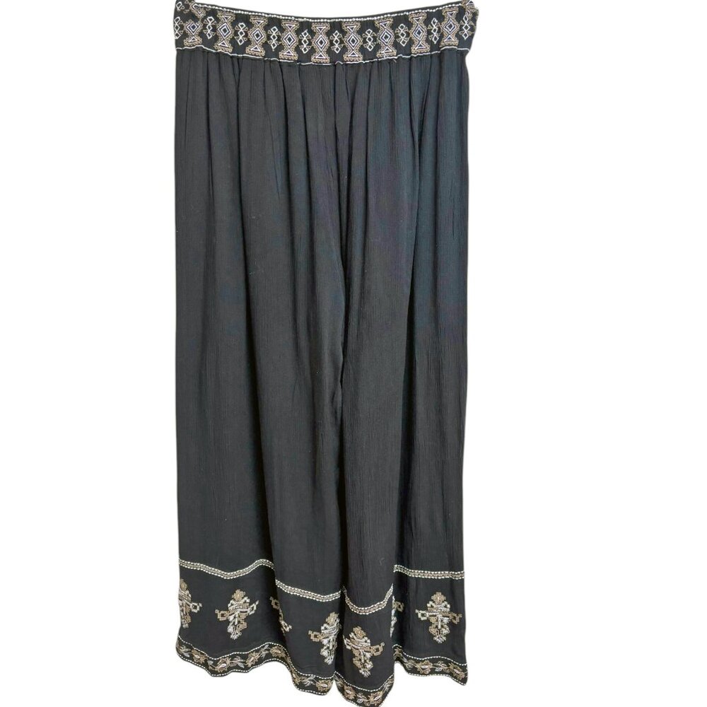 ELIE Elie Tahari Black Crepe‎ Embroidered Drawstring Wide Leg Pants